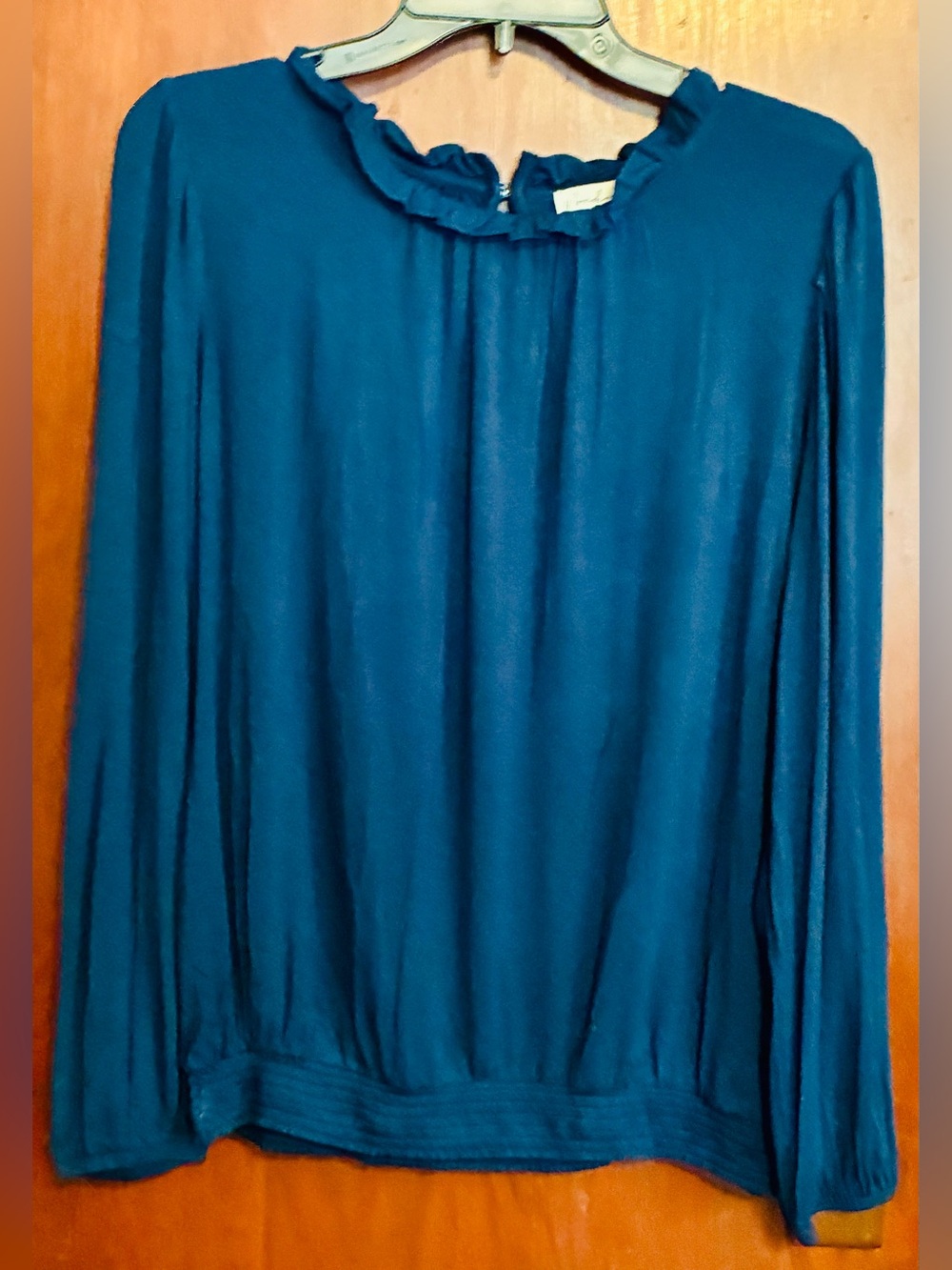 Wonderly Teal Long Sleeve Ruffled Neck Top